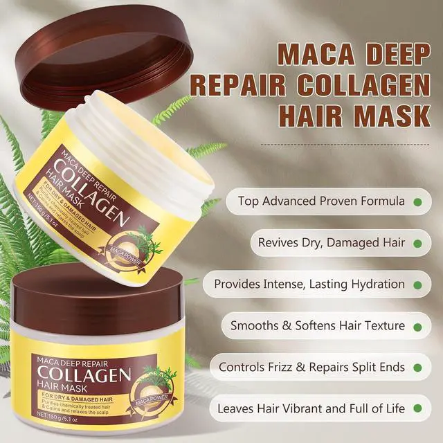 Alt view image 2 of 7 - Collagen Hair Mask with Maca Essence, Deep Repair Conditioner for Dry Damaged Hair, Hydrating and Moisturizing Treatment, 150ml