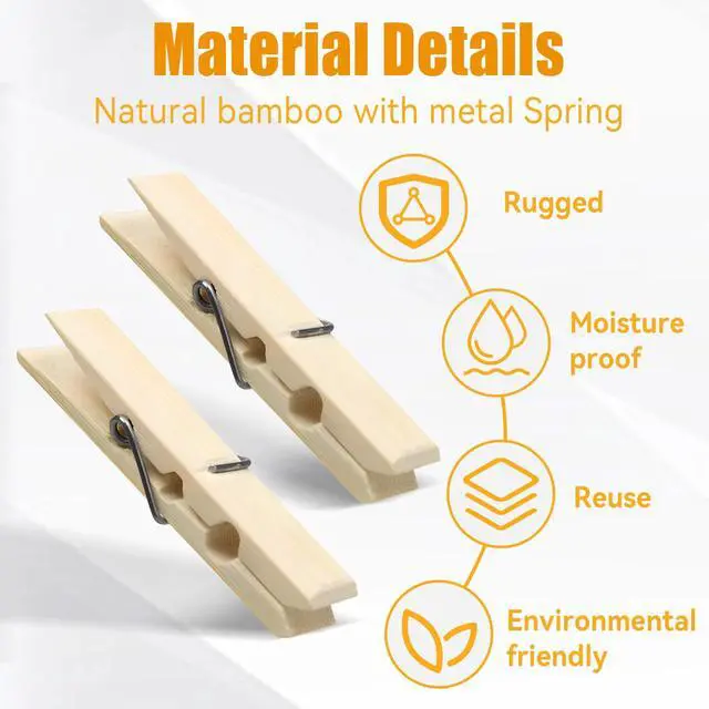 Alt view image 6 of 7 - Natural Bamboo Clothespins 20-Pack, 2.4 Inch Heavy Duty Rust Resistant Wooden Clothes Pins with Spring for Laundry, Crafts, Kitchen & Home Organization