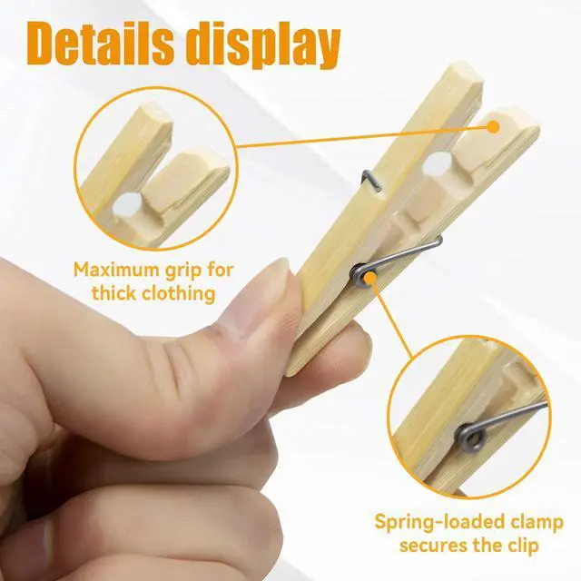 Alt view image 2 of 7 - Natural Bamboo Clothespins 20-Pack, 2.4 Inch Heavy Duty Rust Resistant Wooden Clothes Pins with Spring for Laundry, Crafts, Kitchen & Home Organization
