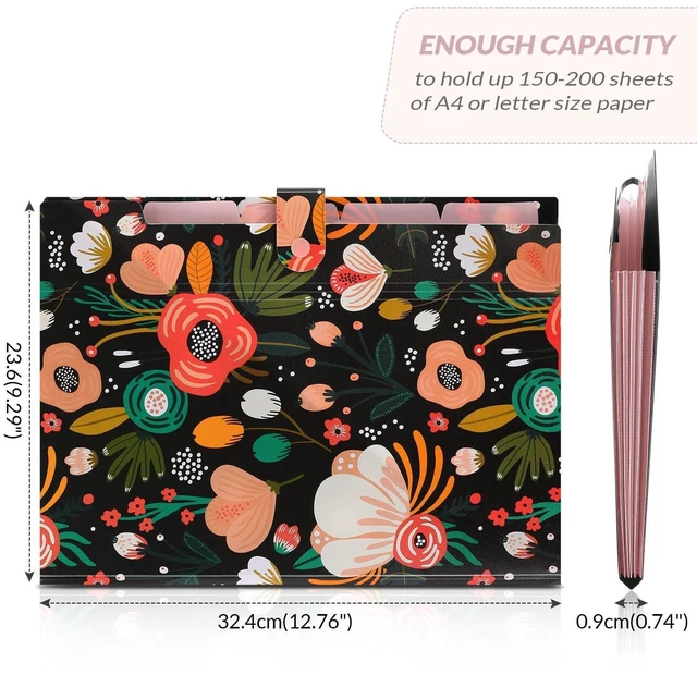 Alt view image 3 of 7 - SKYDUE Expanding File Folder with 5 Pockets, Floral Accordion Organizer for Important Documents, Portable Receipt Paper Organizer, School Office Supplies, Black