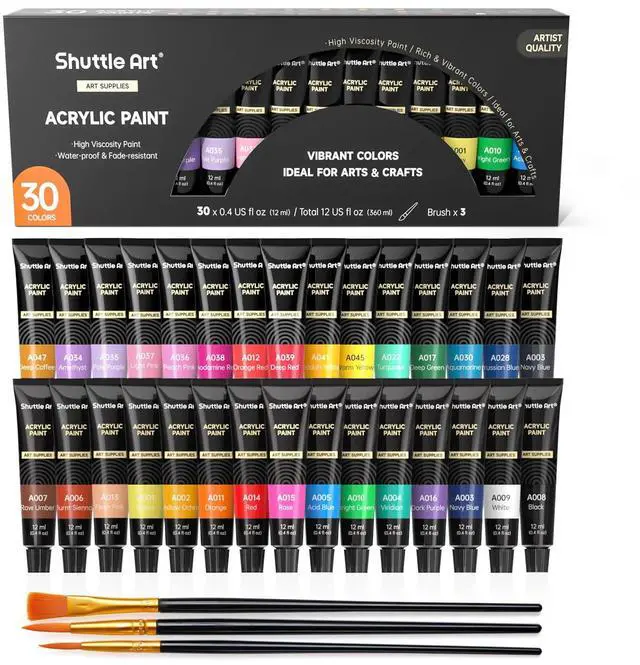 Main image of Shuttle Art Acrylic Paint Set, 30x12ml Tubes, Artist Quality, Nontoxic, Rich Pigments, for Kids & Adults, for Canvas, Wood, Clay, Fabric, Ceramic, Rocks, Crafts