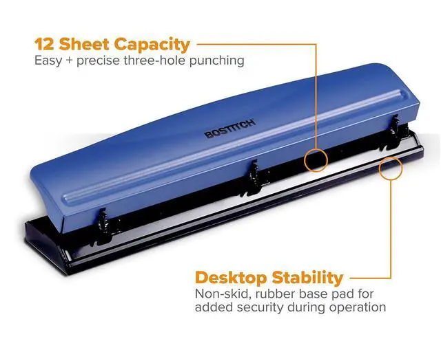 Alt view image 2 of 5 - Bostitch Office Premium 3 Hole Punch, 12-Sheet Capacity, Metal, Rubber Base, Easy-Clean Tray, Silver
