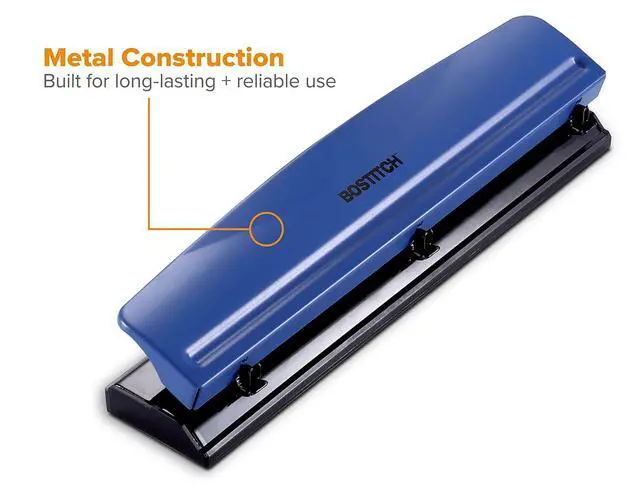 Alt view image 4 of 5 - Bostitch Office Premium 3 Hole Punch, 12-Sheet Capacity, Metal, Rubber Base, Easy-Clean Tray, Silver