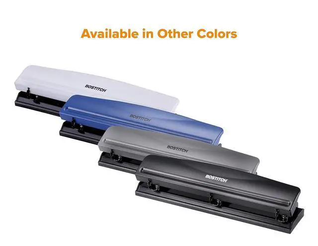 Alt view image 5 of 5 - Bostitch Office Premium 3 Hole Punch, 12-Sheet Capacity, Metal, Rubber Base, Easy-Clean Tray, Silver