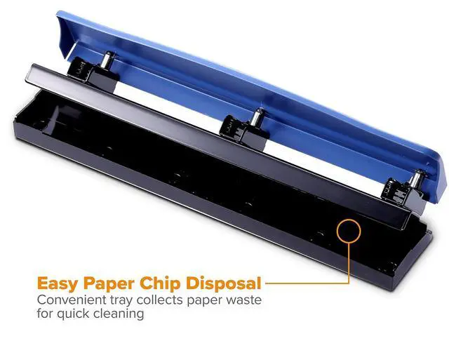 Alt view image 3 of 5 - Bostitch Office Premium 3 Hole Punch, 12-Sheet Capacity, Metal, Rubber Base, Easy-Clean Tray, Silver