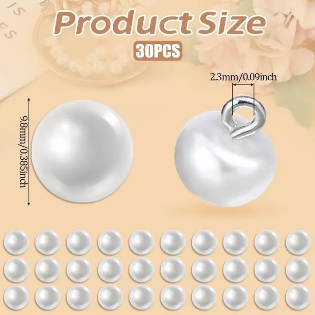 Alt view image 6 of 7 - 30 Pcs 10mm White Pearl Buttons with Shank for Sewing, Dresses, Shirts, DIY Crafts