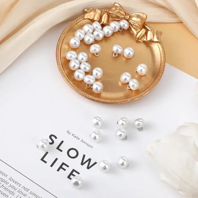 Alt view image 3 of 7 - 30 Pcs 10mm White Pearl Buttons with Shank for Sewing, Dresses, Shirts, DIY Crafts