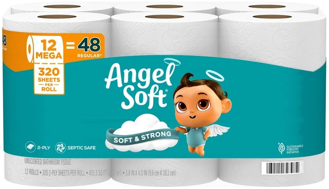 Main image of Angel Soft 12 Mega Rolls Toilet Paper, Equivalent to 48 Regular Rolls, Soft and Strong