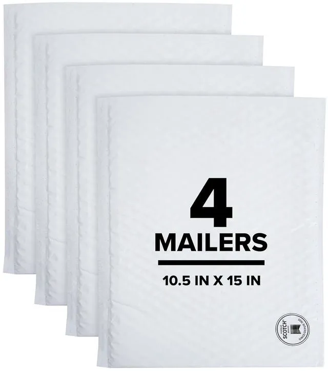 Main image of Scotch Poly Bubble Mailer, White, Large, Size 5, 10.5in x 15in Inside Dimensions, 50% Recycled Plastic