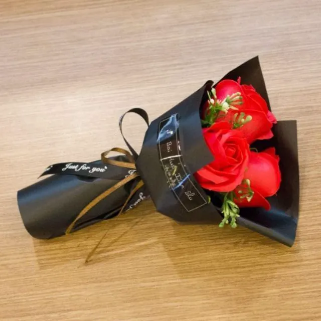 Alt view image 5 of 6 - Red 3-Head Artificial Rose Bouquet with Soap Flower Petals, Valentine Day Gifts for Women, Best Friend, Girlfriend, Birthday, Christmas, from Daughter Son Husband