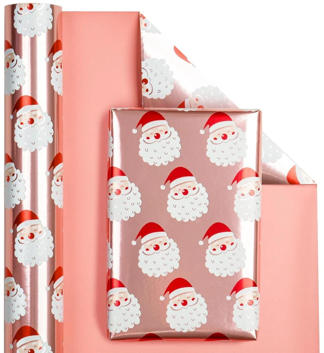 Alt view image 3 of 6 - WRAPAHOLIC Reversible Christmas Wrapping Paper Mini Roll, 17Inch x 33Feet, Santa Claus and Solid Rose Gold Design with Metallic Foil Shine for Holiday, Party