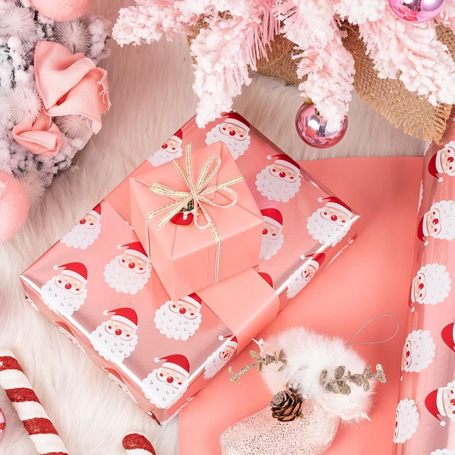 Alt view image 2 of 6 - WRAPAHOLIC Reversible Christmas Wrapping Paper Mini Roll, 17Inch x 33Feet, Santa Claus and Solid Rose Gold Design with Metallic Foil Shine for Holiday, Party