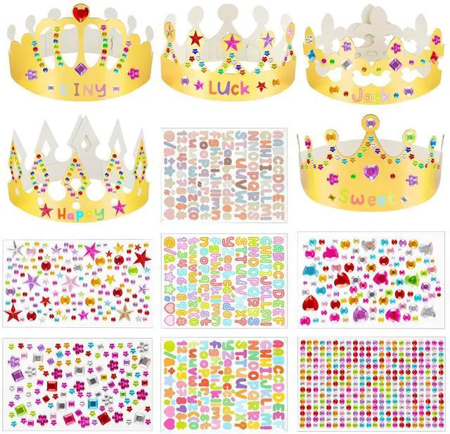 Main image of Gold Paper Crowns, 15Pcs DIY Birthday Party Crowns with Gem Stickers