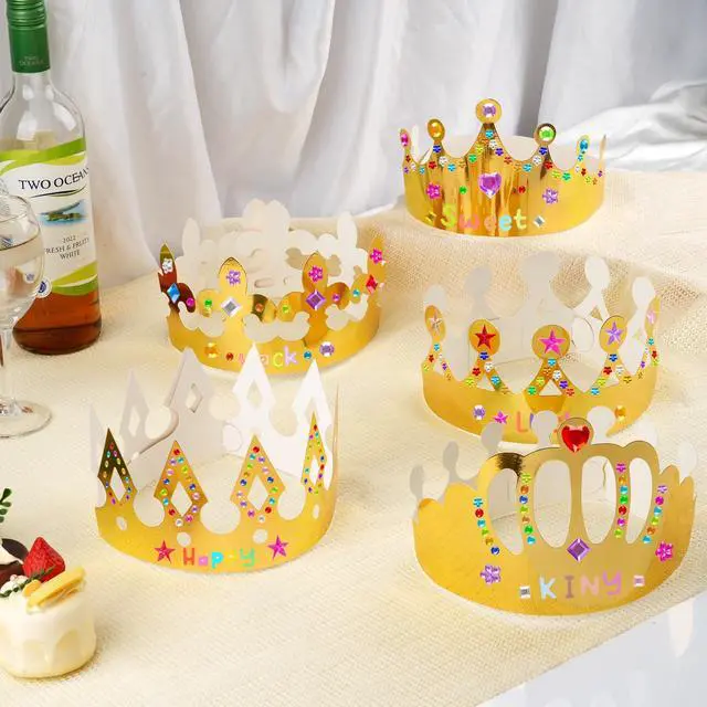 Alt view image 2 of 6 - Gold Paper Crowns, 15Pcs DIY Birthday Party Crowns with Gem Stickers