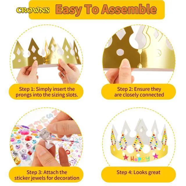 Alt view image 6 of 6 - Gold Paper Crowns, 15Pcs DIY Birthday Party Crowns with Gem Stickers