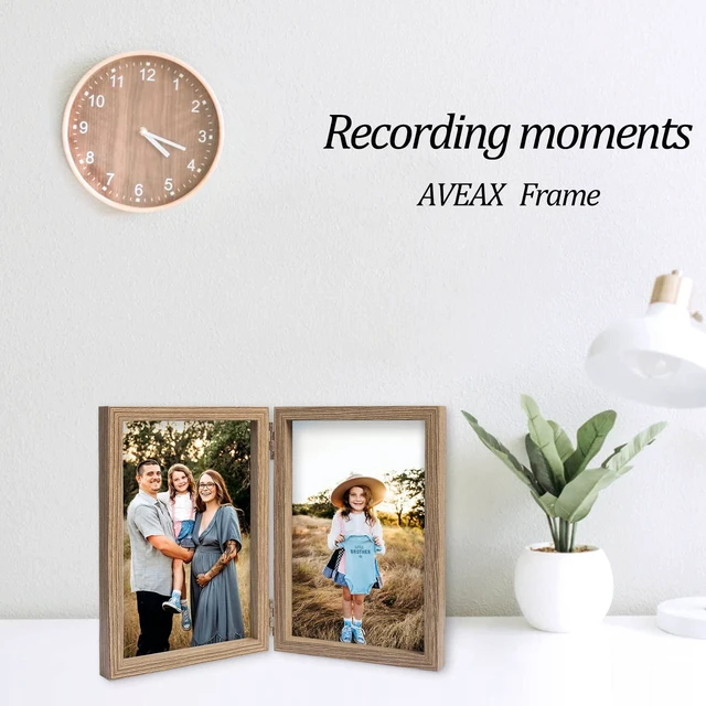 Alt view image 6 of 6 - AVEAX Double 4x6 Hinged Folding Picture Frame with Plexiglass Front, Vertical Desktop Display, Wood Grain