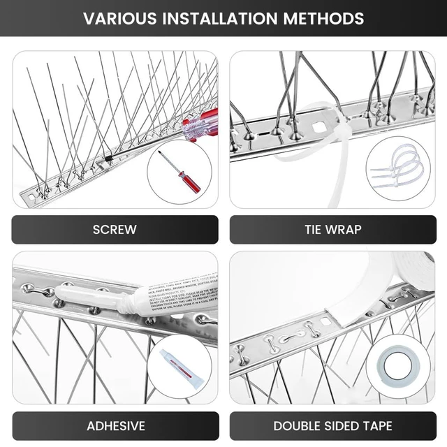 Alt view image 4 of 7 - Ley's Stainless Steel Bird Spikes 3.2 FT (3 Pack), Easy Install Bird Deterrent Strip, Humane Pigeon & Small Bird Repellent for Roof, Fence, Balcony & Outdoor