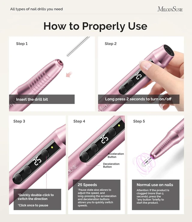Alt view image 3 of 7 - MelodySusie PC180G Pen-Shaped Cordless Rechargeable Electric Nail Drill, 25000RPM with LED Display, for Manicure Shaping & Acrylic Gel Removal, DIY at Home