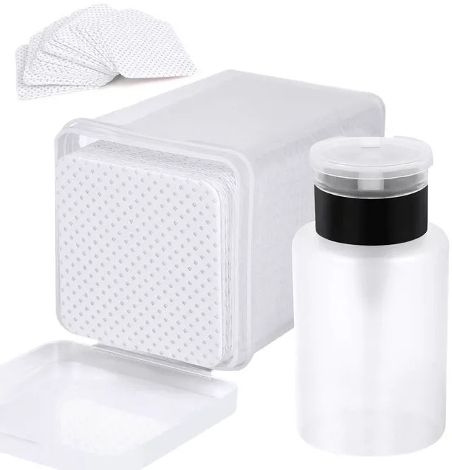 Main image of 200 Pcs Nail Cotton Pads, 1 Pull-Down Pump Dispenser Bottle, Super Absorbent Soft Non-Woven Eyelash Glue Wipes, Nail Polish Dehumidifier, Nail Oil Bottle, White