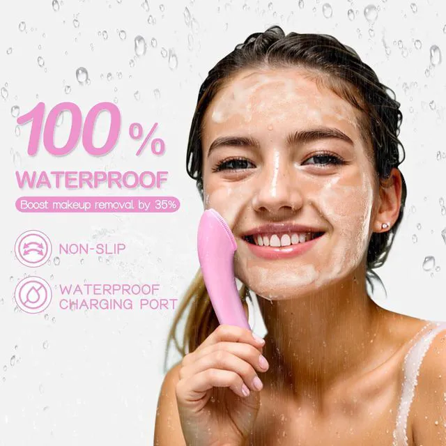 Alt view image 5 of 6 - PRITECH Rechargeable Silicone Facial Cleansing Brush with Heat Massage, Vibrating Exfoliator, Waterproof, for Women and Men, Pink
