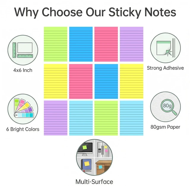 Alt view image 2 of 7 - 12 Pack Lined Sticky Notes 4x6 in Bright Colors Self-Stick Note Pads for School, Office, Meeting