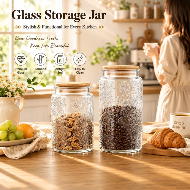 Alt view image 5 of 6 - Custde 23.7oz Vintage Glass Jar with Lid, Airtight Food Storage Container for Sugar, Coffee, Tea, Spice, Flour, Candy, Cookie, Pasta, Cereal (Sunflower)