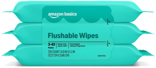 Main image of Amazon Basics Flushable Wipes, Fragrance Free, Adult Wet Wipes, 126 Count (3 Packs of 42)