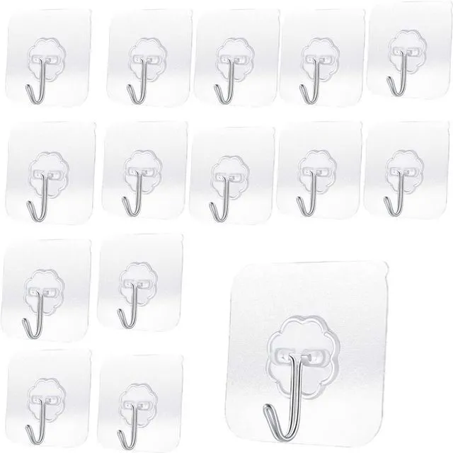 Alt view image 7 of 7 - Heavy Duty Adhesive Hooks 33 lb (15 kg) Max, Waterproof & Oilproof, Reusable, Seamless, Transparent Small, 8-Pack for Kitchen Bathroom Office