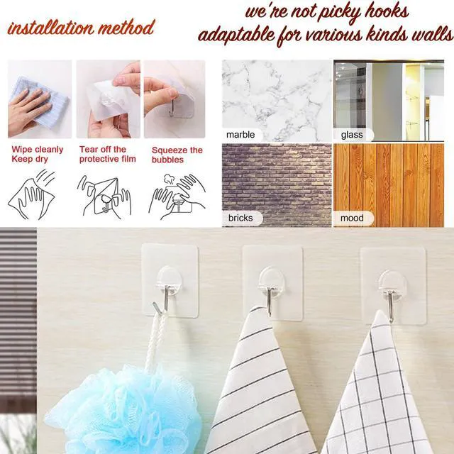 Alt view image 6 of 7 - Heavy Duty Adhesive Hooks 33 lb (15 kg) Max, Waterproof & Oilproof, Reusable, Seamless, Transparent Small, 8-Pack for Kitchen Bathroom Office