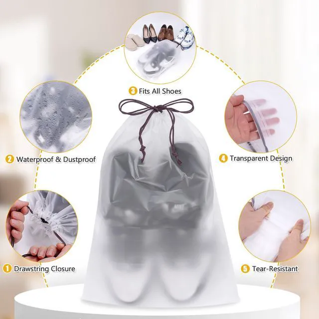Alt view image 6 of 7 - Clear Waterproof Drawstring Shoe Bags (10 Pack) 15.7x11.8 Inches for Travel, Storage, Gym, Luggage - for Men & Women
