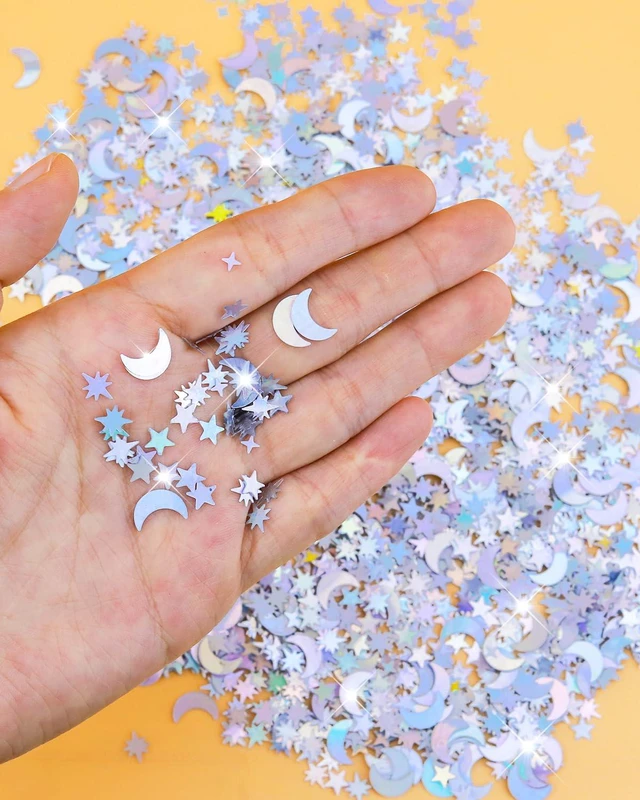 Alt view image 2 of 7 - 4000 Pieces Star Confetti, Holographic Metallic Glitter, 10mm, Silver, for Party Decorations, Wedding, Birthday, Festival, DIY, Unicorn Theme