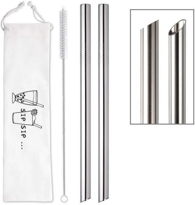 Main image of 2 Pcs Jumbo Reusable Stainless Steel Bubble Tea Straws with Angled Tips, 0.5" Wide, for Boba Tapioca Pearl Milkshakes Smoothies, Includes 1 Cleaning Brush & 1 Case