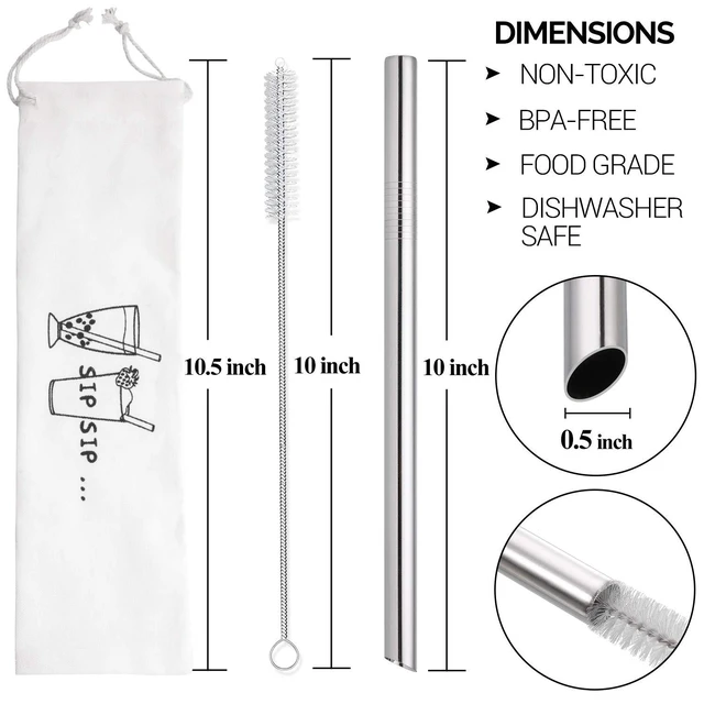 Alt view image 4 of 7 - 2 Pcs Jumbo Reusable Stainless Steel Bubble Tea Straws with Angled Tips, 0.5" Wide, for Boba Tapioca Pearl Milkshakes Smoothies, Includes 1 Cleaning Brush & 1 Case