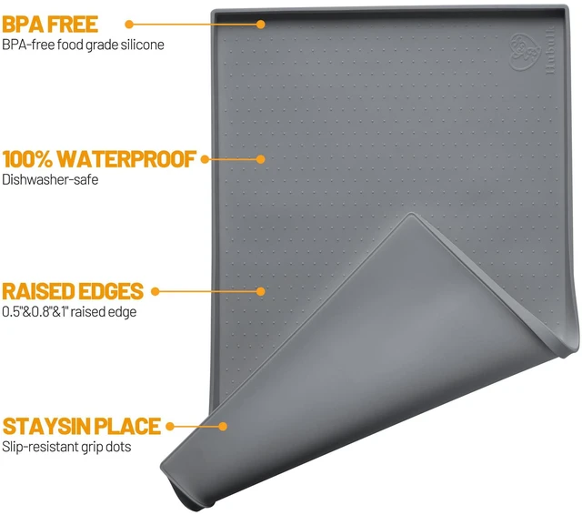 Alt view image 2 of 6 - Hubulk Dog Feeding Mat, 19"x12"x0.5" Silicone, 100% Waterproof BPA Free Pet Food and Water Bowl Placemat, Dishwasher Safe, High Raised Edge, Nonslip, Grey
