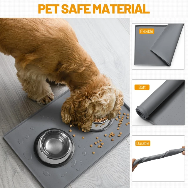 Alt view image 3 of 6 - Hubulk Dog Feeding Mat, 19"x12"x0.5" Silicone, 100% Waterproof BPA Free Pet Food and Water Bowl Placemat, Dishwasher Safe, High Raised Edge, Nonslip, Grey