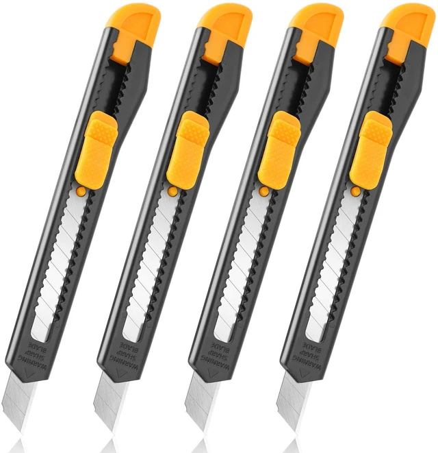 Main image of 4 Pack Retractable Box Cutter Utility Knife with 9mm Snap-Off Blades, Exacto Knife and Box Opener for Cutting Cardboard, Wrapping, Office, Home, School