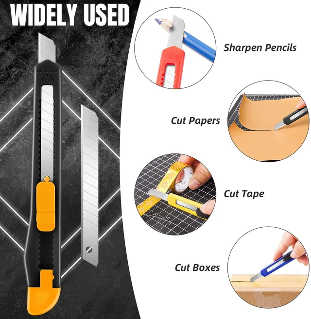 Alt view image 2 of 6 - 4 Pack Retractable Box Cutter Utility Knife with 9mm Snap-Off Blades, Exacto Knife and Box Opener for Cutting Cardboard, Wrapping, Office, Home, School