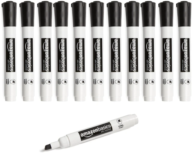 Main image of Amazon Basics Lowe-Odor Dry Erase Whiteboard Markers, Chisel Tip, Quick-Dry, Black, 12-Pack