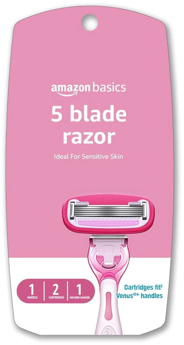 Main image of Amazon Basics Women's 5-Blade Razor, Smooth, Close Shave, Fits Amazon Basics Handle and Venus Handles, Includes 1 Handle, 2 Cartridges, 1 Shower Hanger