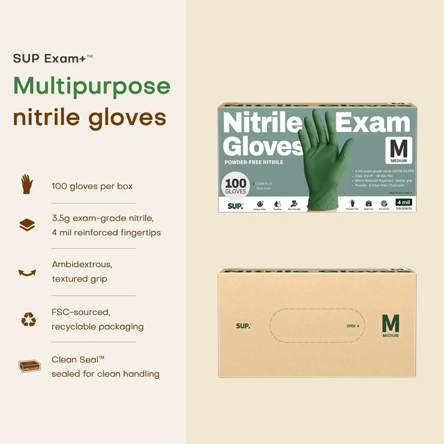 Alt view image 2 of 6 - SUP Powder-Free Nitrile Exam Gloves, 100 Count, Food Safe, Latex-Free, Disposable, for Medical Lab Cooking Cleaning, Green
