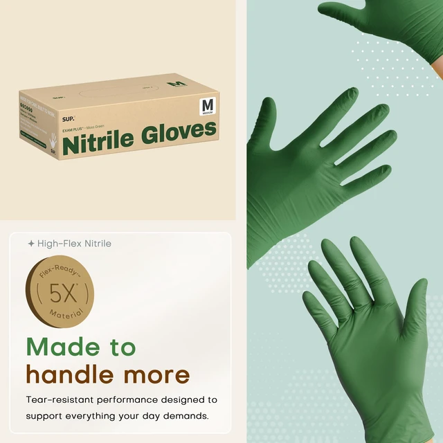 Alt view image 3 of 6 - SUP Powder-Free Nitrile Exam Gloves, 100 Count, Food Safe, Latex-Free, Disposable, for Medical Lab Cooking Cleaning, Green