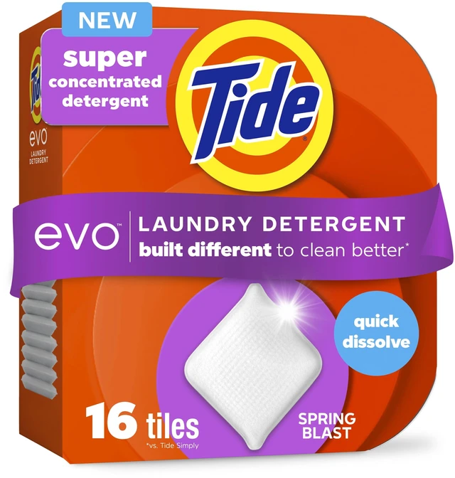 Main image of Tide Evo 6X Cleaning Power Laundry Detergent Tiles, 100% Concentrated, Spring Blast Scent, 16 Count