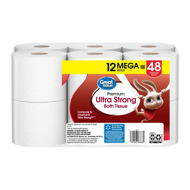 Alt view image 2 of 6 - Great Value Ultra Strong 2-Ply Toilet Paper, 12 Mega Rolls