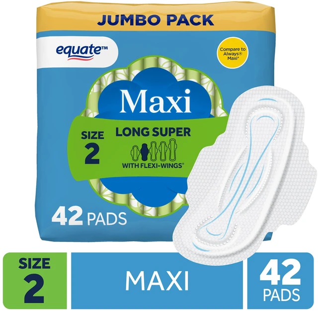 Main image of Equate Maxi Pads with Flexi-Wings, Size 2, Long Super Absorbency, 42 Count