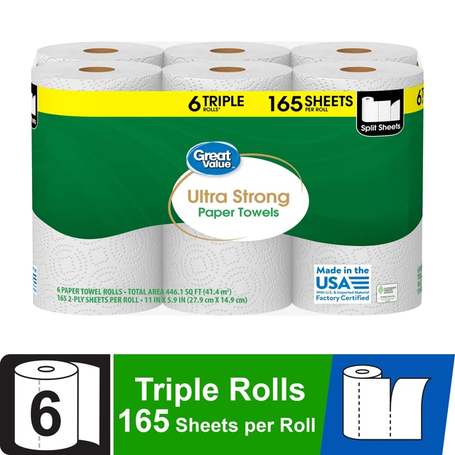 Alt view image 2 of 6 - 6 Triple Rolls Great Value Ultra Strong Paper Towels