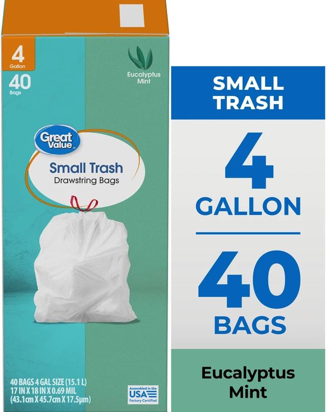 Main image of Great Value 4-Gallon Small Drawstring Trash Bags, Eucalyptus Mint Scent, 40 Count