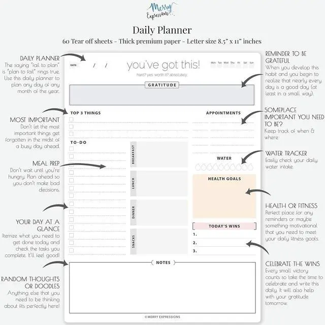 Alt view image 2 of 7 - Merry Expressions Daily Planner To Do List Notepad with Undated 8.5x11" Tear-Off Sheets, ADHD Planner, Time Block Planner, Desktop To Do List Notepad, To-do Notebook