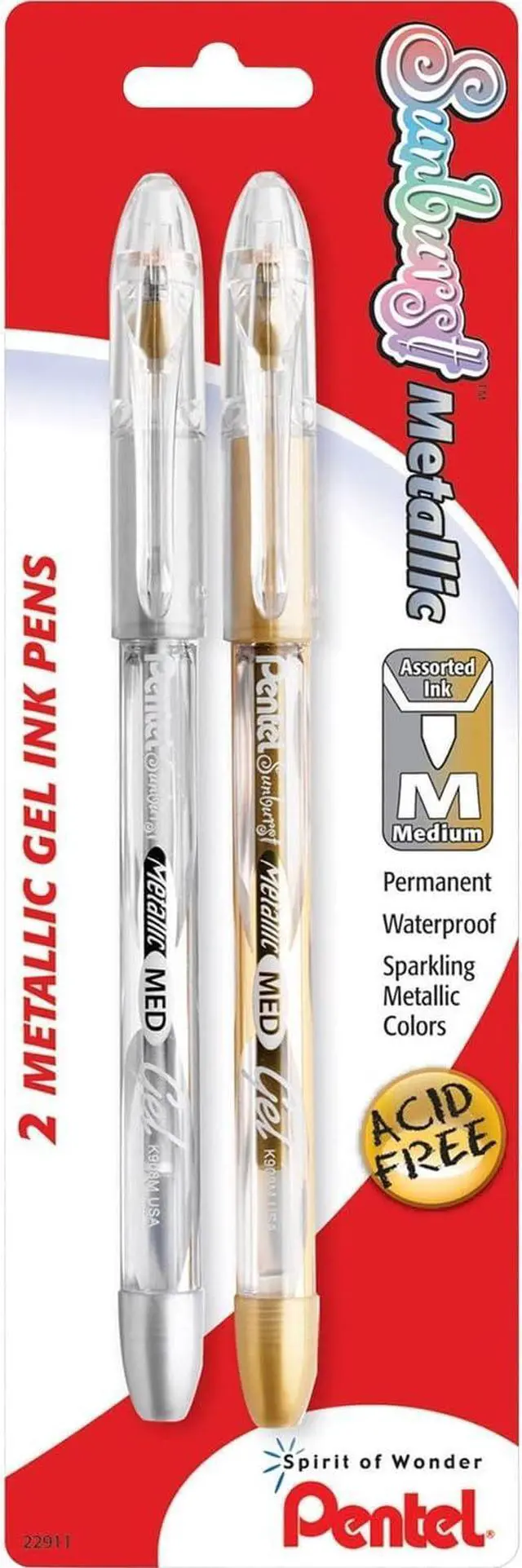 Main image of Pentel Sunburst Metallic Gel Pen, Medium Line, Permanent Gold and Silver Ink, 2 Pack (K908MBP2XZ)
