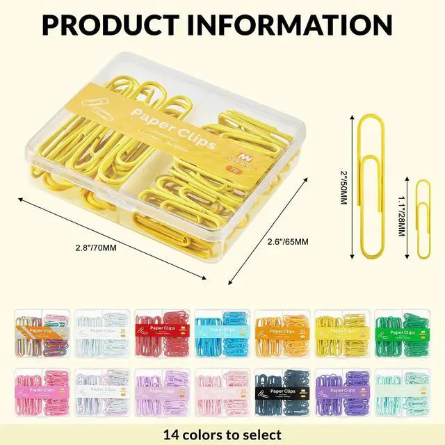 Alt view image 2 of 6 - NEEWAY Colorful Paper Clips Assorted Sizes, Small and Large Paper Clips, 210 Count, 3 Pack of 70 (Yellow)