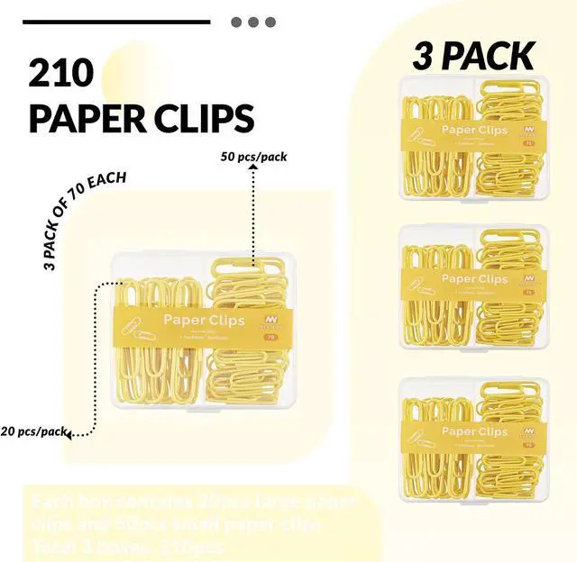 Alt view image 3 of 6 - NEEWAY Colorful Paper Clips Assorted Sizes, Small and Large Paper Clips, 210 Count, 3 Pack of 70 (Yellow)
